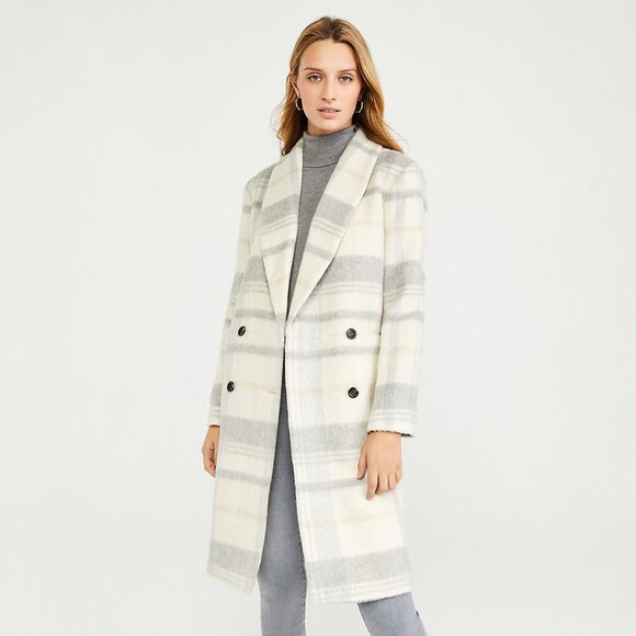 Ann Taylor Plaid Cocoon Coat in Ivory Multicolor - sz Large Petite - Picture 2 of 13